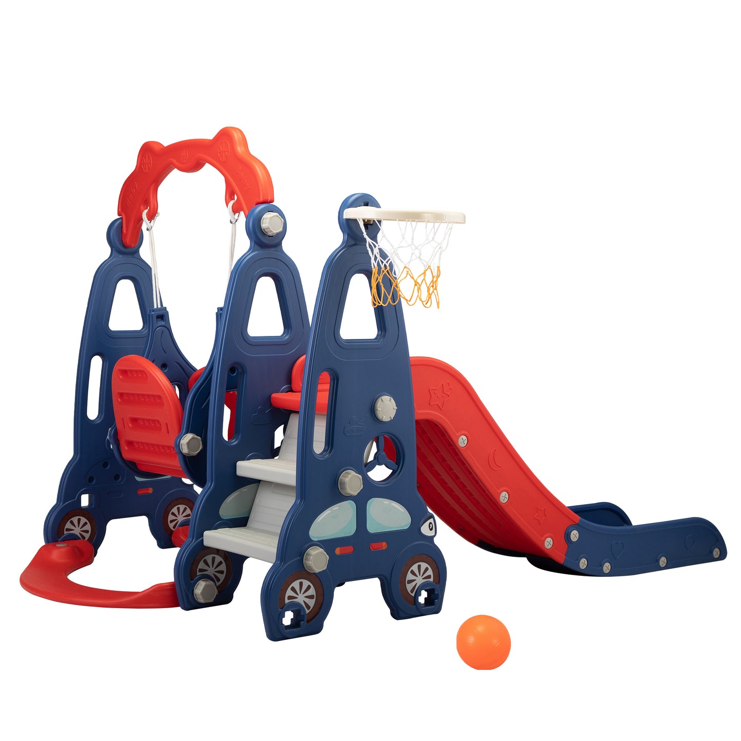 3 In 1 Indoor and Outdoor Slide and Swing Set w/ Basketball Hoop (Red & Blue XH)