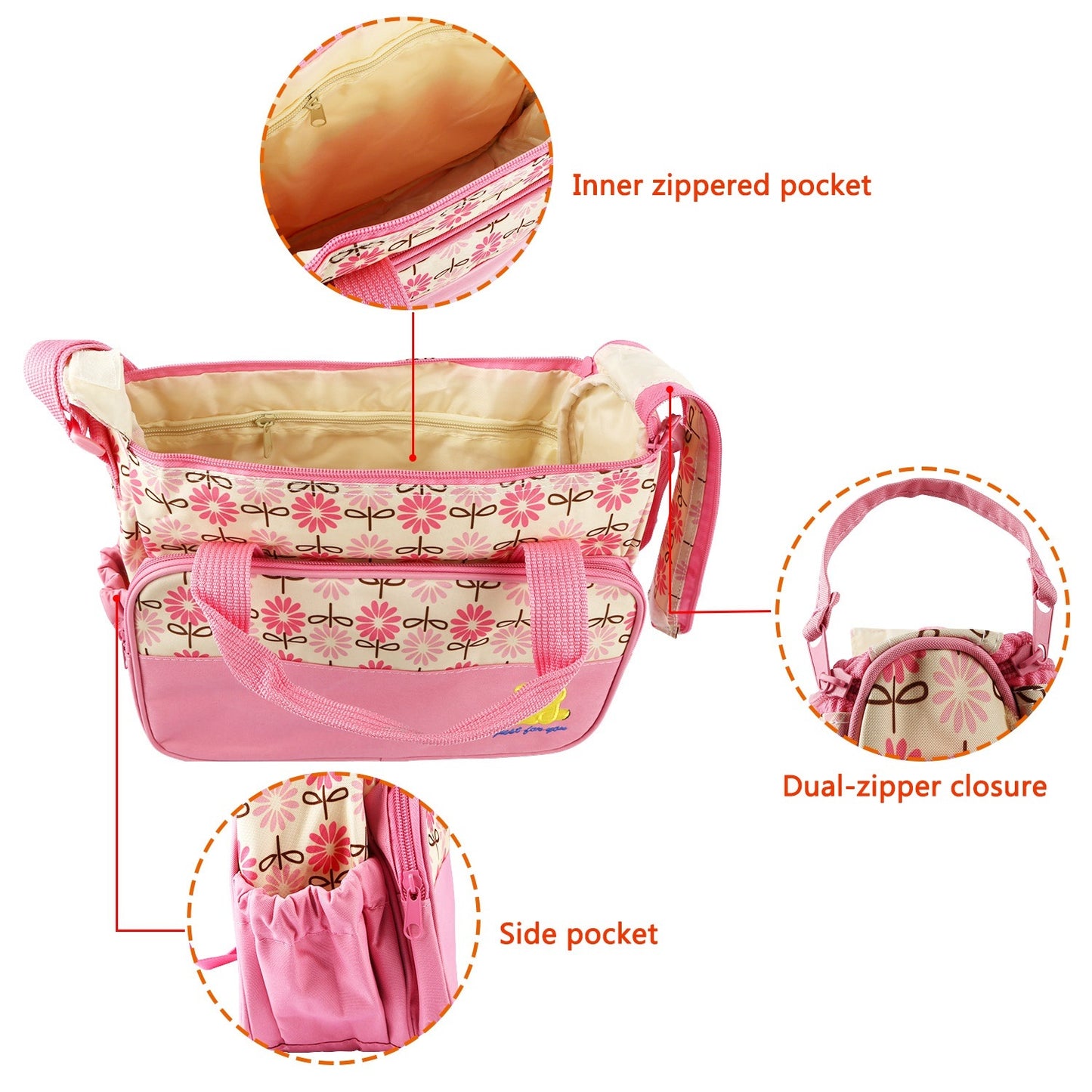 5PCS Baby Diaper Bags Set w/ Nappy Changing Pad & Insulated Pockets