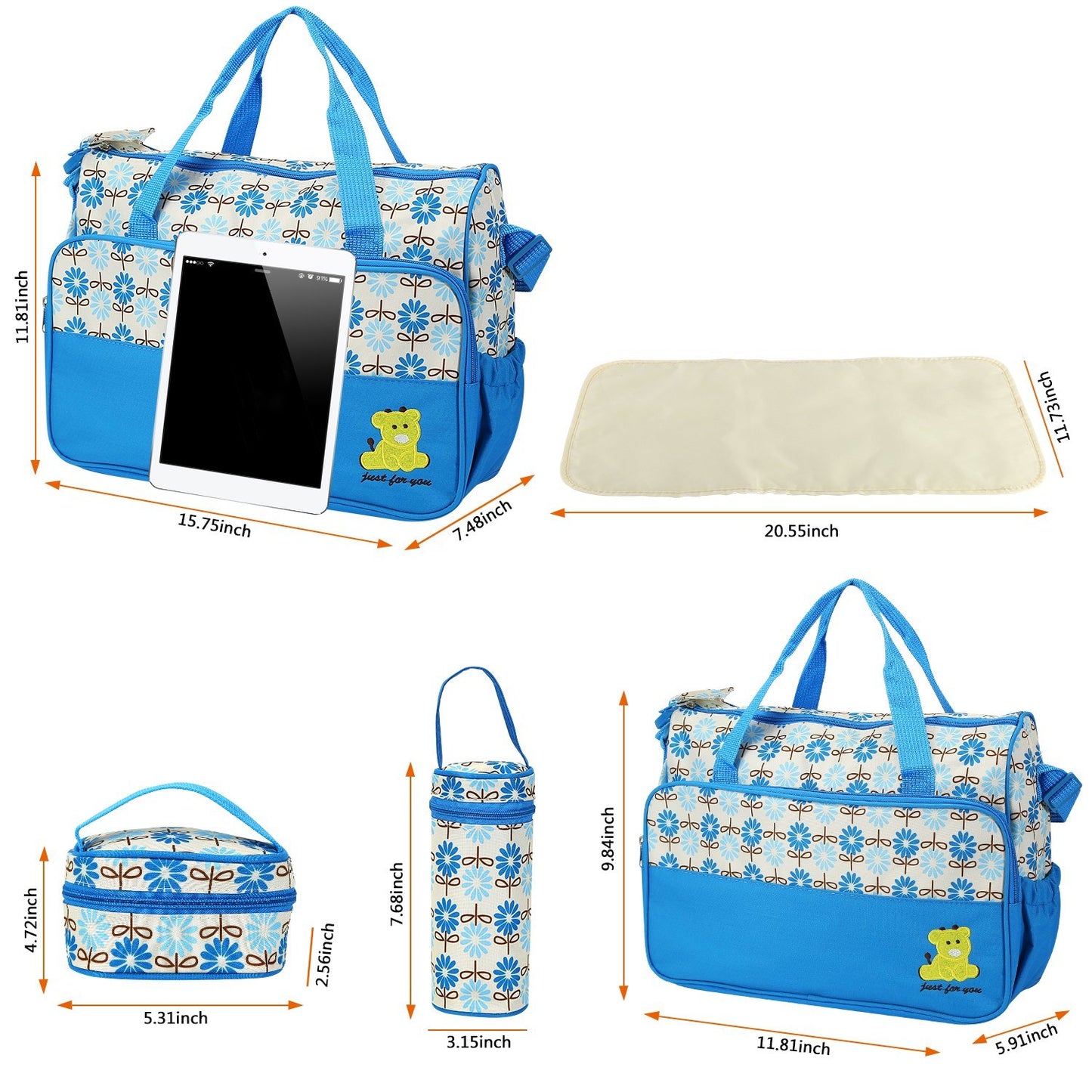 5PCS Baby Diaper Bags Set w/ Nappy Changing Pad & Insulated Pockets