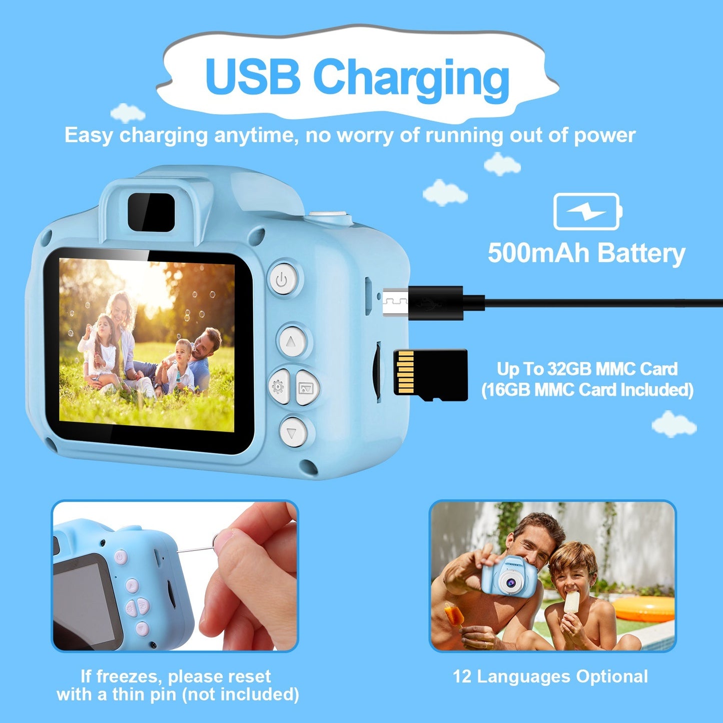 Kids Digital Camera w/ 2.0' Screen 12MP 1080P FHD Video Camera 4X Digital Zoom