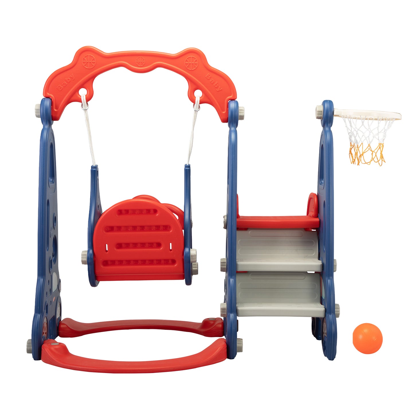 3 In 1 Indoor and Outdoor Slide and Swing Set w/ Basketball Hoop (Red & Blue XH)