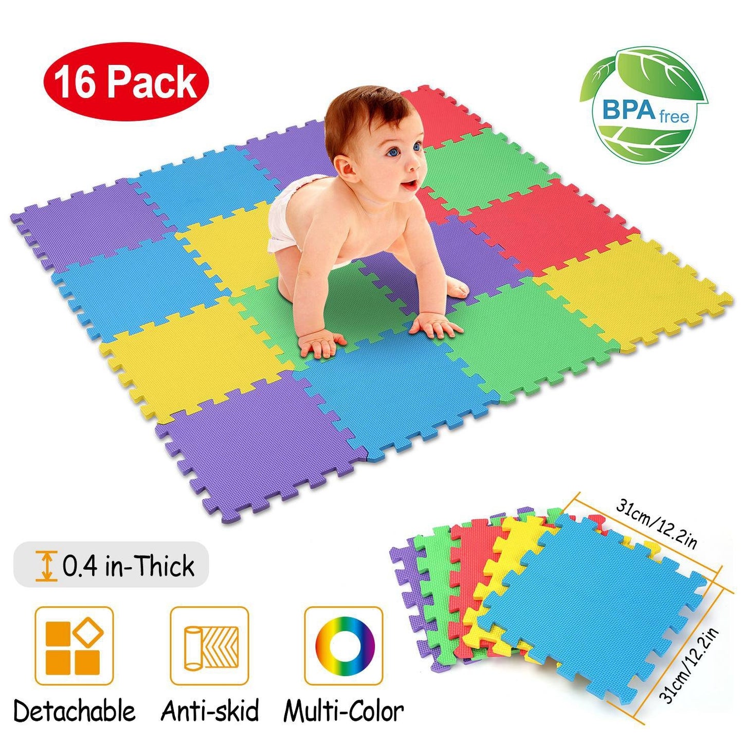 16Pcs Kids Puzzle Interlocking Non-Toxic Exercise Play Mat