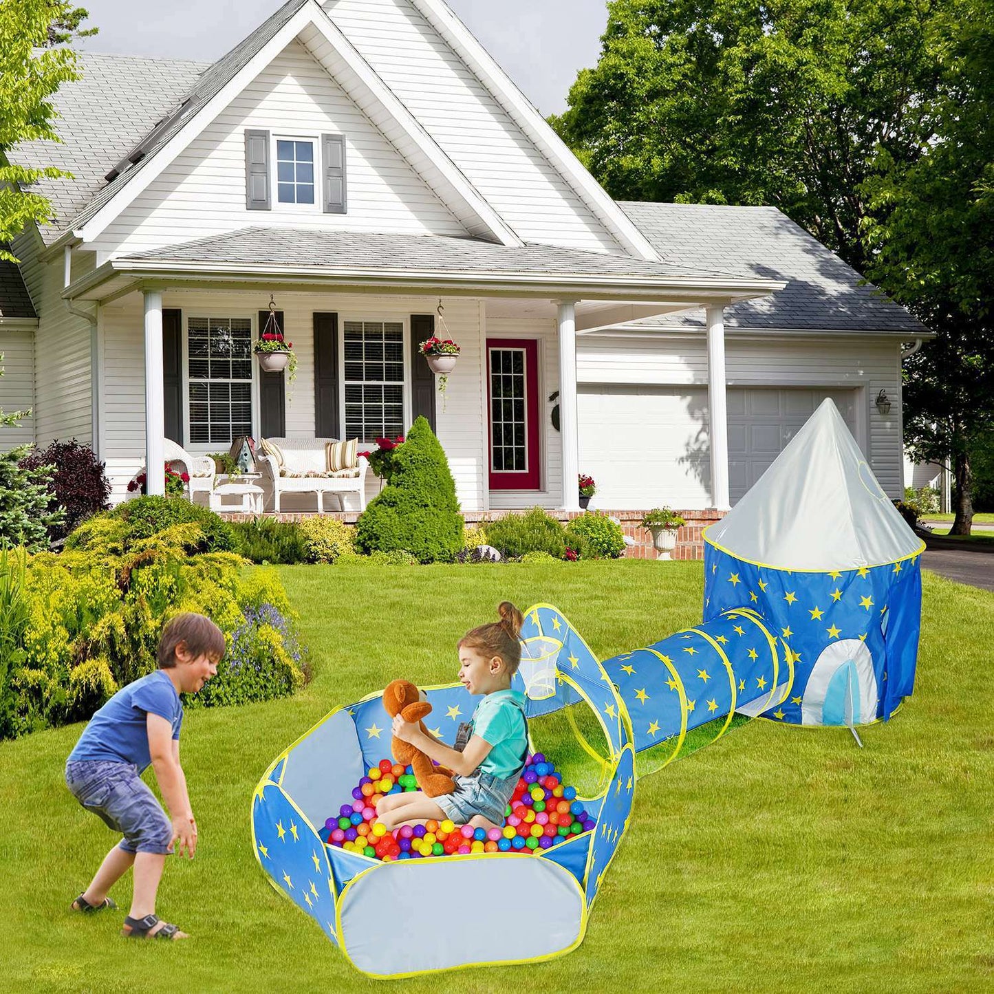 3 In 1 Foldable Children Play House Pop-up Kids Tent w/ Ball Pit & Storage Bag